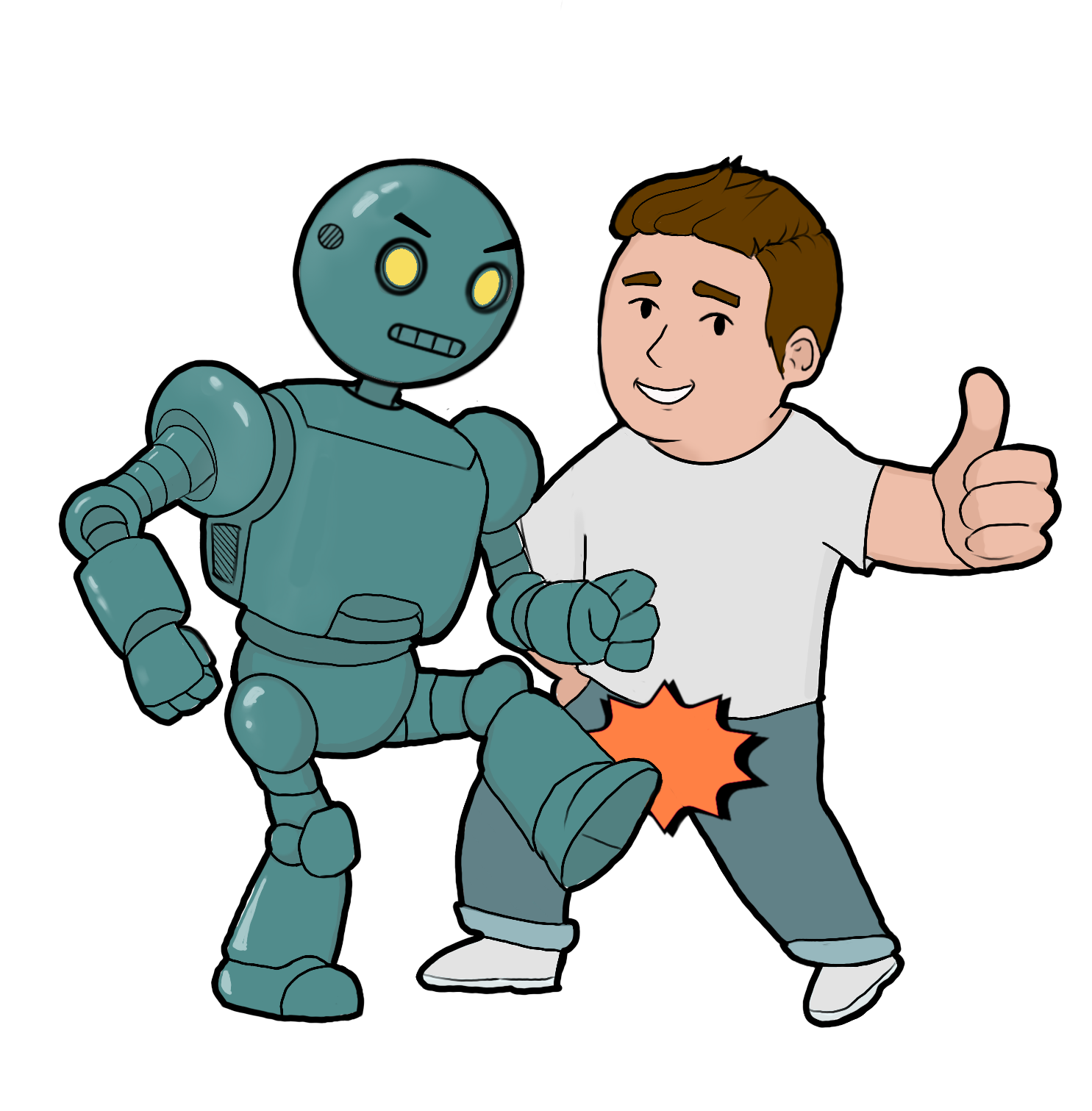 Robot kicks man's crouch. Man is smiling and shows thumbs up. It's all right!